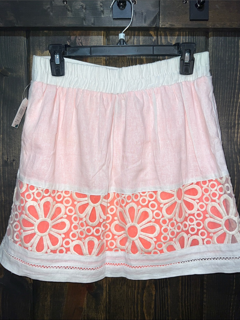 NWT Stoosh Linen Blend Mini Skirt L Coral Cream Boho Floral Sheer Lined Coastal - Picture 2 of 7